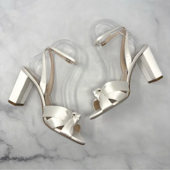 Aquazzura Nina 85 Silk Satin Knot Ankle Strap Block Heel Sandals Bridal White - Picture 7 of 16